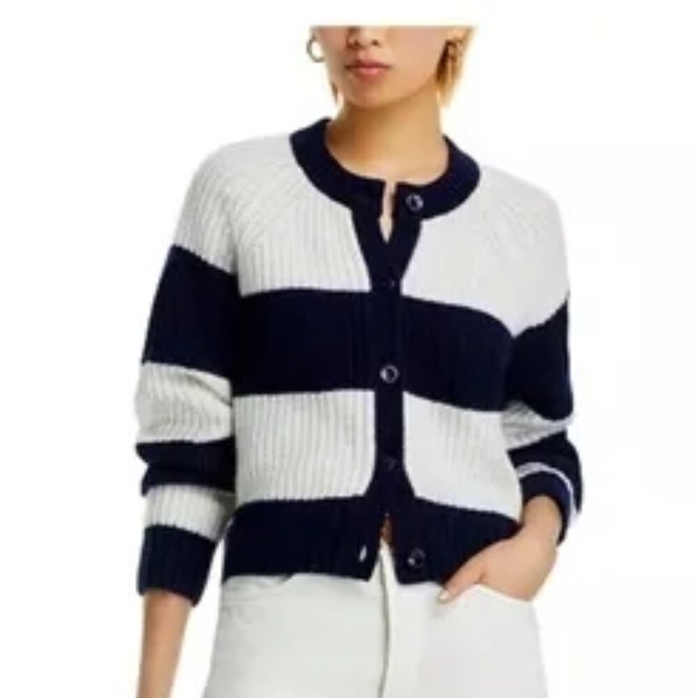 Aqua 100% Cashmere Rugby Stripe Cardigan in Navy / Ivory, Size XXL, New with Tag